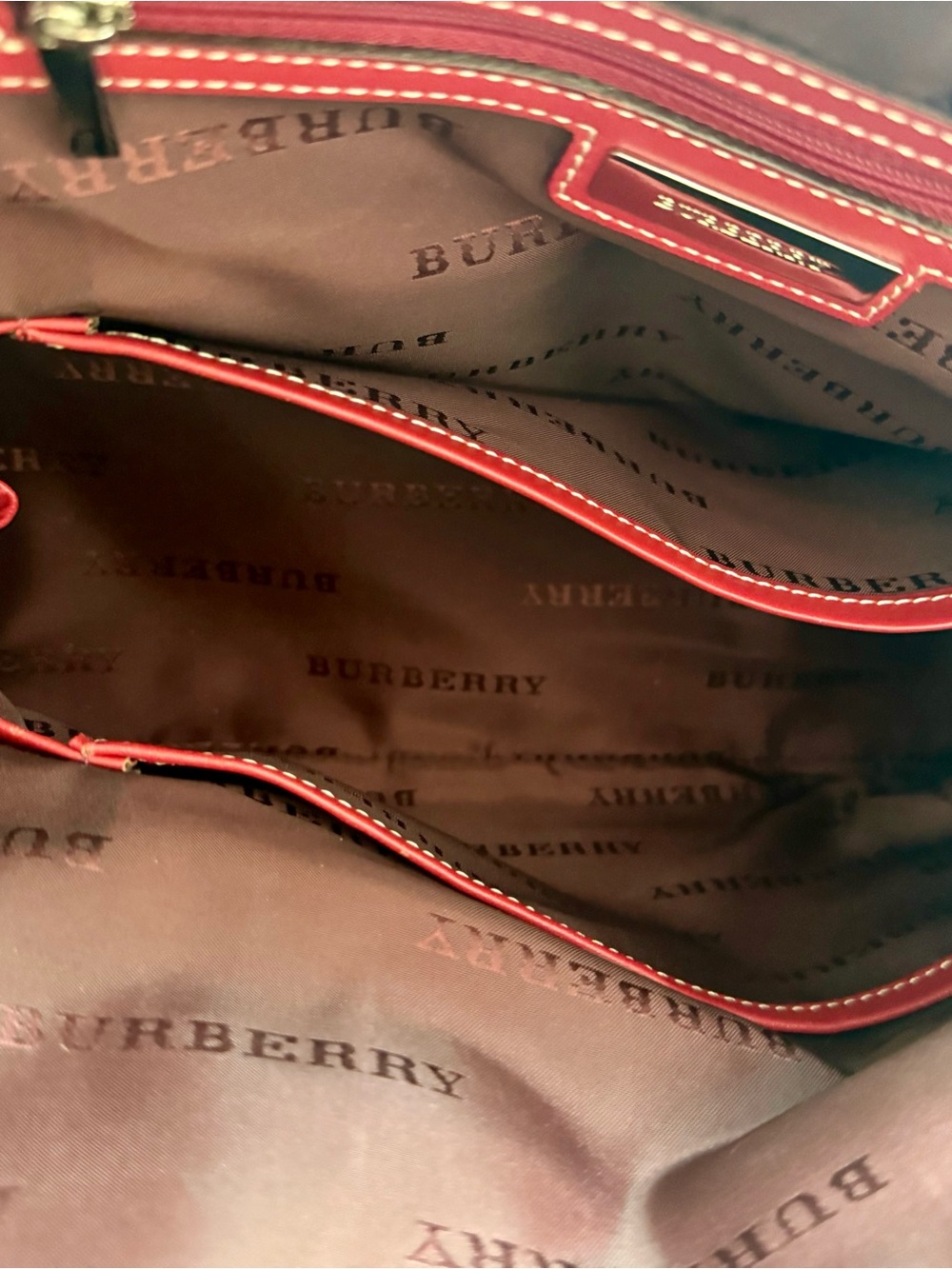 Burberry Red Plaid Satchel with Leather Trim - Picture 9 of 9